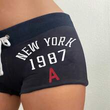 Pantalones Cortos con Cordón y Estampado de Letras Estilo Americano Vintage, Ropa Estética de los 2000s, Y2K, Pantalones de Cintura Baja para Mujer, Casuales de Verano, Coquette - azul profundo - Ver 3