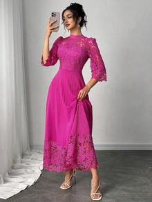 Vestido largo de manga larga con parches de bordado de ojal amarillo para mujeres - Rosa Fucsia - Ver 5