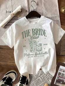 100% Cotton Women's Casual Summer T-Shirt - The Bride Club Graphic Print, Short Sleeve Crew Neck, 100% Lightweight Cotton Blend, Perfect For Beach And Cocktail Parties, Casual Summer Wear.  Casual Style. Shiny Texture. 324% Cotton - 白色 - 查看 7