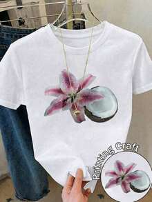 100% Cotton Ladies' Regular Length Casual Short-Sleeved Crew Neck Shirt With Graphic Print And Slight Stretch. - White - View 9