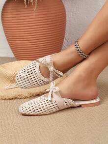 Giày mules kiểu Bohemian mới năm 2026, kiểu dáng rỗng, thoáng khí, có nơ, giày bệt phong cách phương Tây thường ngày, giày cưới, giày thoải mái với quai thun và lỗ thoáng khí, nhẹ, thoáng khí, phù hợp cho các hoạt động hàng ngày như đi chơi, mua sắm, công sở, múa ba lê và các dịp khác. - Màu be - Xem 5