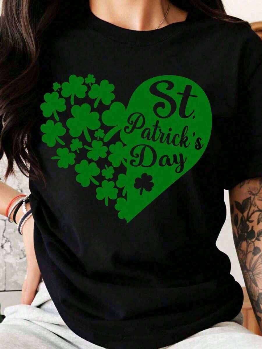 Women's T-Shirt With Shamrock And Heart Print For St. Patrick's Day, Casual Green T-Shirt With Lucky Shamrock Print For Irish Festival Celebration And St. Patrick's Day Party - 黑色 - 查看 1