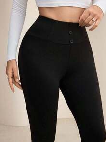 Leggings de cintura alta de unicolor cómodos y casuales para mujer - Negro - Ver 3