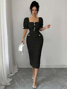 Nuevo vestido midi de punto texturizado con cuello cuadrado y mangas cortas, silueta elegante y versátil ajustada para mujeres - Negro - Ver 5