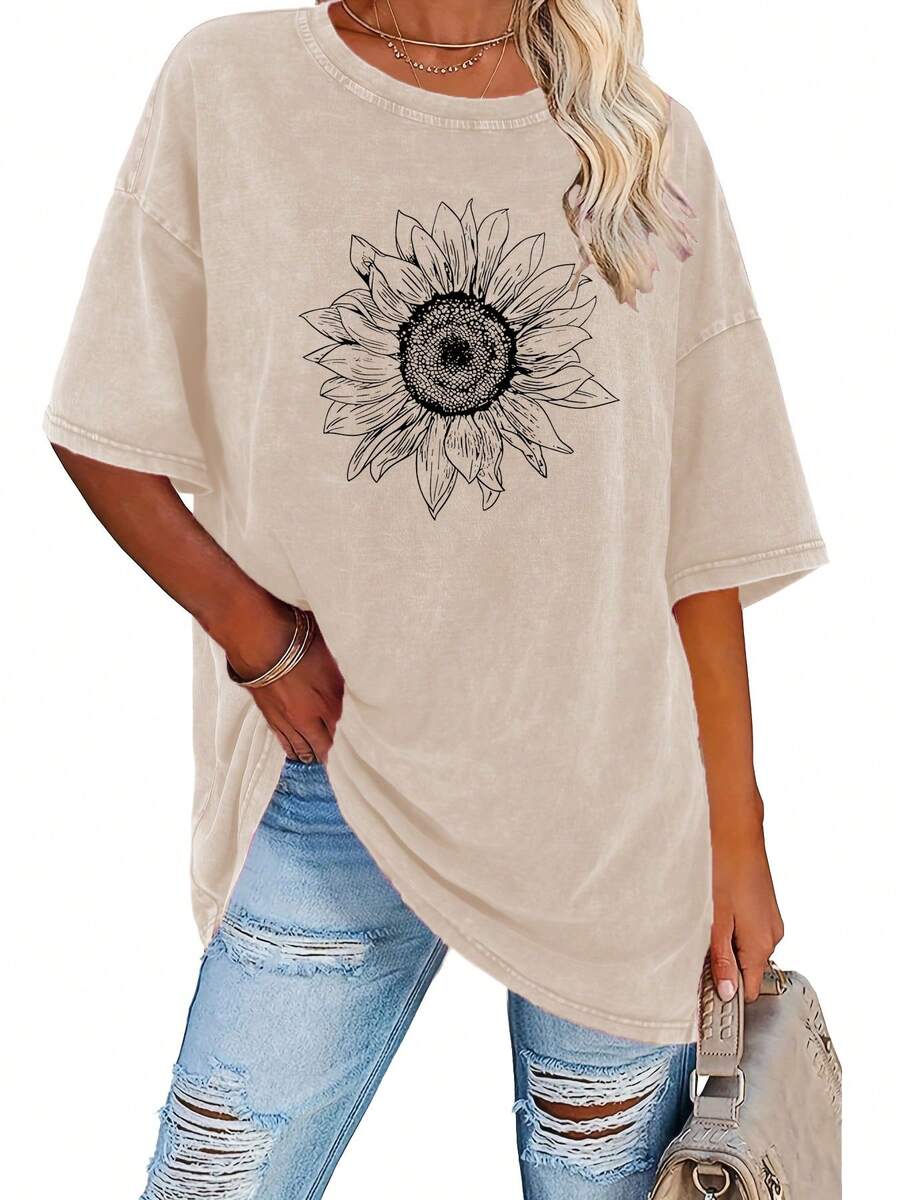 Camiseta de algodón lavado vintage para mujer estampado moderno algodón grueso 220g cuello redondo mangas cortas estilo callejero vintage lavable a máquina uso casual primavera verano camiseta holgada para mujer blusas para mujer camiseta de mujer nacional envio - Albaricoque - Ver 1