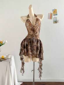 Vestido azul impreso de malla de punto con escote de halter romántico de vacaciones para mujeres - Multicolor 5 - Ver 7