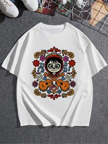 Colorful Illustration Celebrating The Day Of The Dead With Smiling Skulls, Guitars, Flowers, And Musical Notes Symbolizing Joy And Eternal Remembrance. Comfortable Casual Women's T-Shirt - 白色 - 查看 3