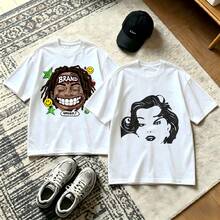 2-Piece Couple Matching Pattern T-Shirt, 100% Cotton, Loose Fit, Soft And Breathable, Casual Round Neck Short Sleeved Top Brand Grapes Face And White Hair Woman Versatile Patterns No Picky Combinations Coordinated Dating Casual Travel Simple And Cartoonish Printing Styles High Cost-Effectiveness - 白色 - 查看 1