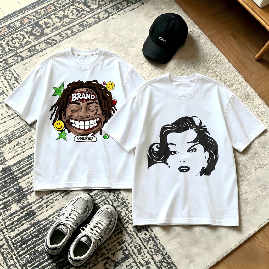 2-Piece Couple Matching Pattern T-Shirt, 100% Cotton, Loose Fit, Soft And Breathable, Casual Round Neck Short Sleeved Top Brand Grapes Face And White Hair Woman Versatile Patterns No Picky Combinations Coordinated Dating Casual Travel Simple And Cartoonish Printing Styles High Cost-Effectiveness - 白色 - 查看 1