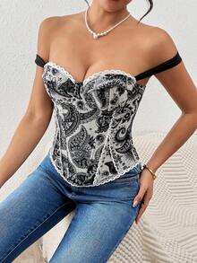 Y2K Vintage Lace Trim Wide Strap Corset Top - Black - View 6