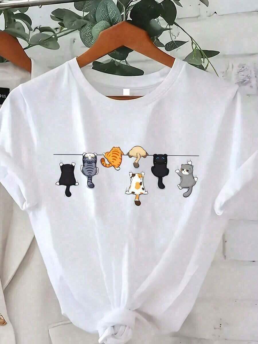 Camiseta informal de mujer de manga corta y cuello redondo con estampado de gato lindo - Blanco - Ver 1