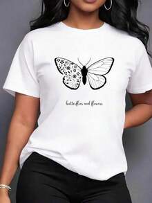 ComfortableCamiseta de Verano para Mujer, Casual, de Manga Corta, Diseño de Pétalos de Mariposa, Estilo Universitario, Lavable a Máquina |     Tops de mujer |     Tops diarios para mujer, camisetas de algodón puro para mujerLoose Versatile Short Sleeve T-shirt for Women - Blanco - Ver 8