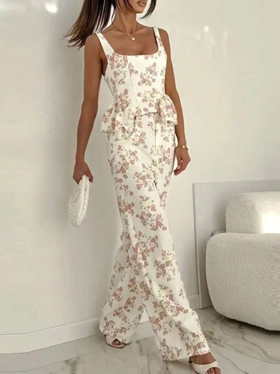 Conjunto casual primavera estilo europeo estampado con volantes elegante moda vacacional para mujer - Blanco - Ver 1