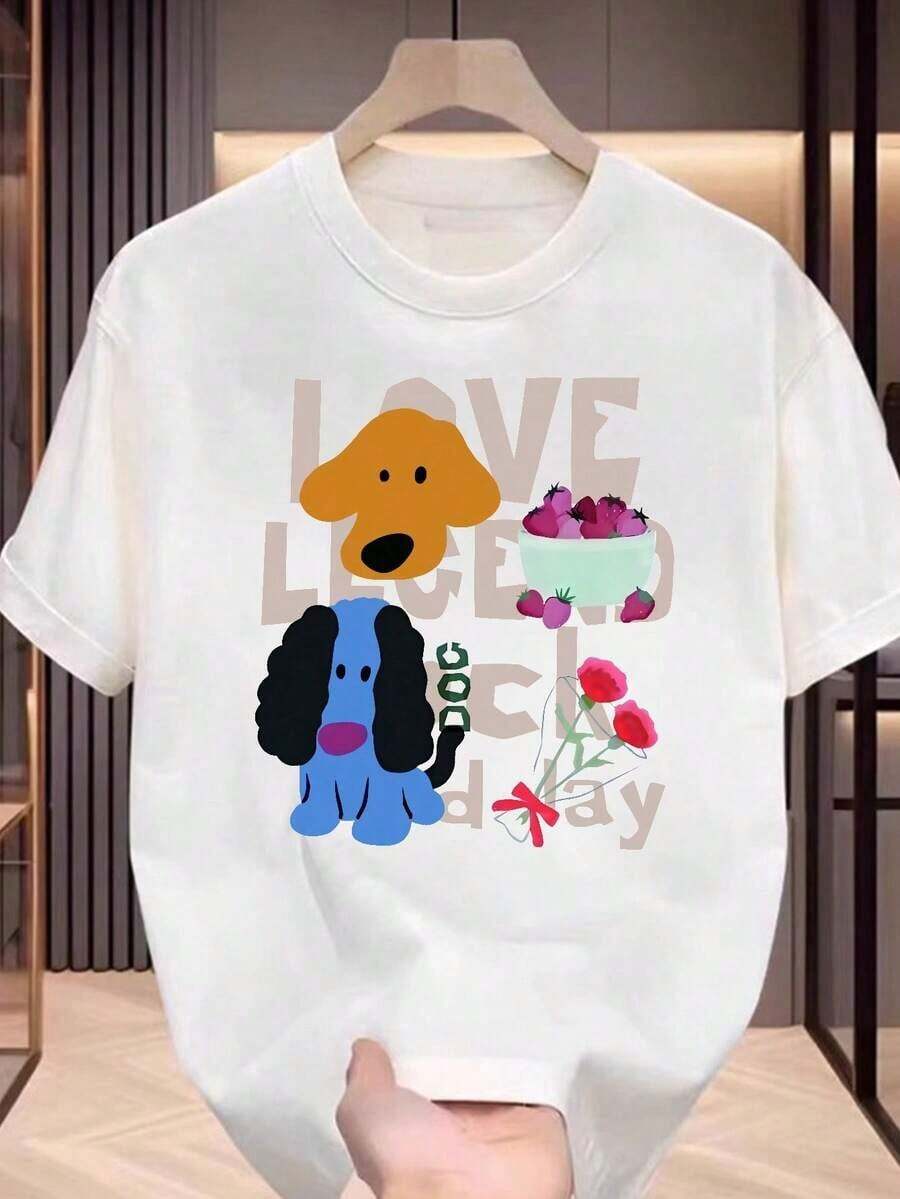 Camiseta de algodón puro nueva de verano 2026, camiseta gráfica casual para jóvenes, camiseta de manga corta de algodón puro para hombres y mujeres, nuevo diseño de estilo japonés, estampado de dibujos animados de perro y fruta, atuendo versátil para ir al trabajo, adecuado para primavera, verano y otoño. - Blanco - Ver 1