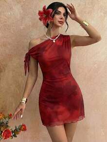 Vestido mini de vacaciones nuevo de verano para mujer, con hombro asimétrico, floral, sexy y elegante. Vestido floral de malla, con cuello asimétrico. Ropa de primavera/verano, atuendo de playa, elegante, sexy, de vacaciones, de playa, Hawái, cita, fiesta, festival de música, vestido de graduación, vestido de baile de graduación. - Burdeos 2 - Ver 3