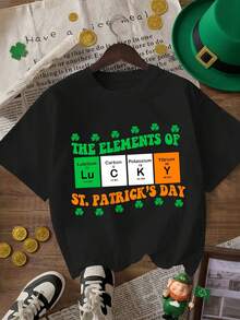 Camiseta de mujer con estampado de trébol de la suerte, top para el Día de San Patricio, camiseta casual de manga corta con cuello redondo, adecuada para uso diario - Camiseta unisex de algodón holgada de manga corta y cuello redondo estilo vintage urbano, blusas para mujer. blusas.blusas casuales para dama. - Negro - Ver 1