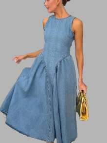 Vestido primavera mujer cuello redondo liso espalda descubierta elegante estilo trabajo europeo - Azul - Ver 2