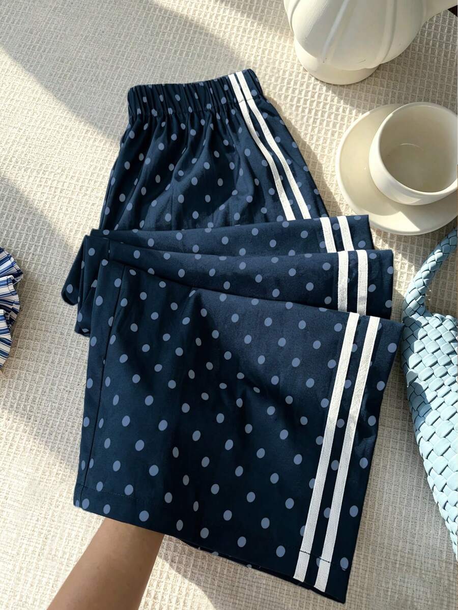 Plus Size Women Cute Retro High Waist Slimming Polka Dot Straight Leg Casual Pants - Dark Wash - View 1