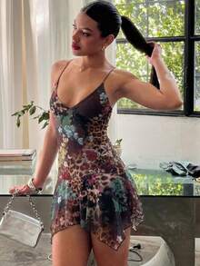 Vestido estampado tirantes cuello V profundo espalda descubierta ajustado estilo sensual elegante para mujer verano europeo - Negro - Ver 3