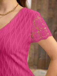 Clasi Blusas de verano para mujer de talla grande, blusa elegante, camiseta blanca, camiseta de punto jacquard, camiseta con encaje en contraste - Beis - Ver 11