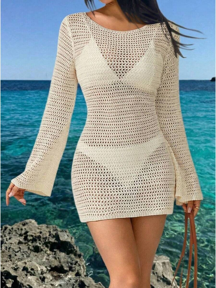 Short Beach Dress With Long Sleeves, Sheer Back Neckline And Openwork Details, Solid Color And Sexy Design, For Spring/Summer - Milky White - View 1