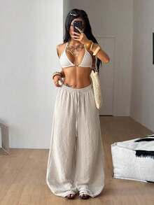 100% Cotton Washed White Trousers, Basic Minimalist Bohemian Style, For Summer Concerts, Outings And The Beach - 卡其色 - 查看 6