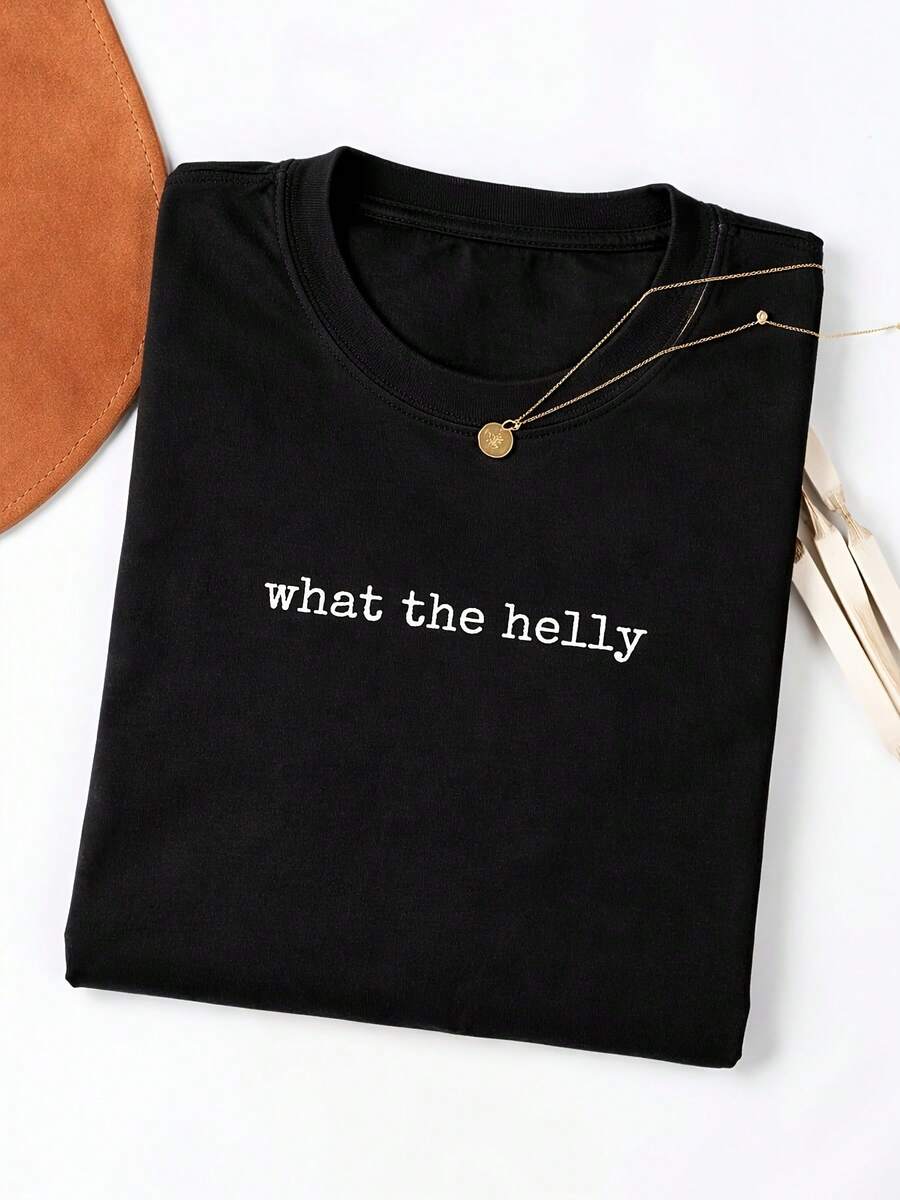 Washed "Oh My God" Printed T-Shirt, 230g, High-Quality Batik T-Shirt, Retro Style, Women's T-Shirt, Comfortable For Outdoor Sports, Holidays, Halloween Gift, Christmas, Vacation Gift - 黑色 - 查看 1