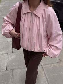 Giacca da baseball rosa alla moda con maniche a palloncino da donna, giacca elegante con colletto vintage e cerniera per uso all'aperto, primavera - Rosa - Visualizzare 3