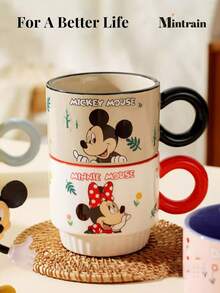Bộ cốc sứ xếp chồng 330ml hình gia đình Mickey và Minnie của Disney, cốc cà phê/nước chịu nhiệt tráng men dưới lớp men, bộ quà tặng lễ hội cho gia đình. - Nhiều màu - Xem 5