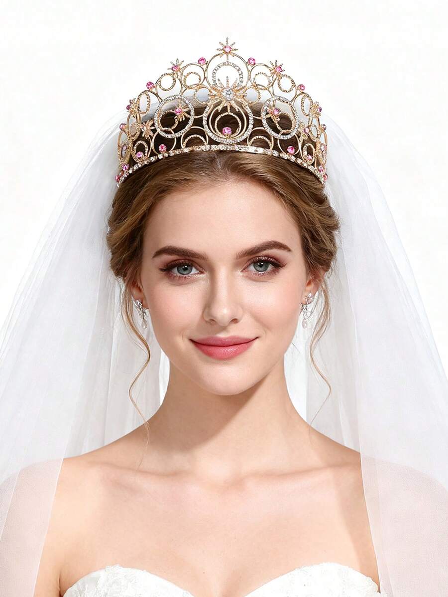 1件装女士水晶皇冠头饰 - 水钻公主发箍,婚礼生日新娘发饰 - 粉色 - 查看 1
