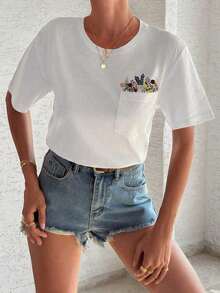 Y2K Style, Fashionable Style, 2026 Newest, Cute Style, Casual Style. Women's Casual Summer Short-Sleeved T-Shirt With Floral Embroidery 180g (S-XXXL) - 白色的 - 查看 4