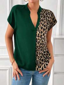 Blusa con cuello en pico y mangas de murciélago con estampado de leopardo, blusas de manga corta, casual - Verde Oscuro - Ver 6