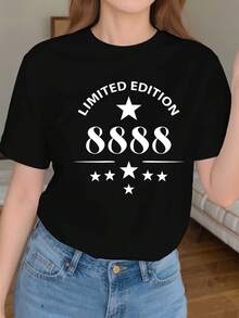 Women's T-Shirt Humorous Years Limited Edition 8888 - Limited Edition Number 8888, Casual Top Made Of Pure Cotton With A Slim Fit, Featuring The Number 888 Symbol, Machine Washable, Suitable For Chinese New Year, Birthdays And Special Occasions. - 黑色 - 查看 7