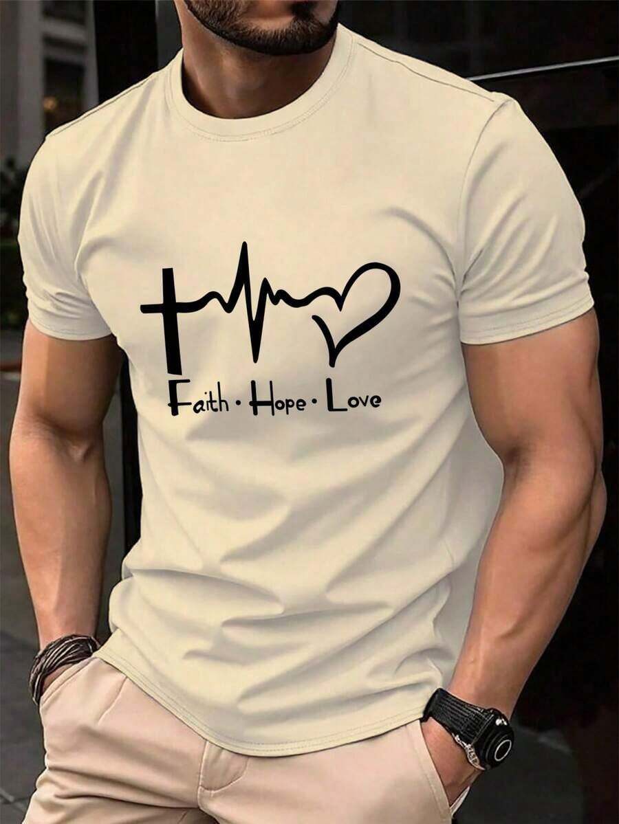 Camiseta de manga corta ManfinityJoysei para hombre, casual, de color sólido con letras en relieve, 100% algodón para verano. - Albaricoque - Ver 1