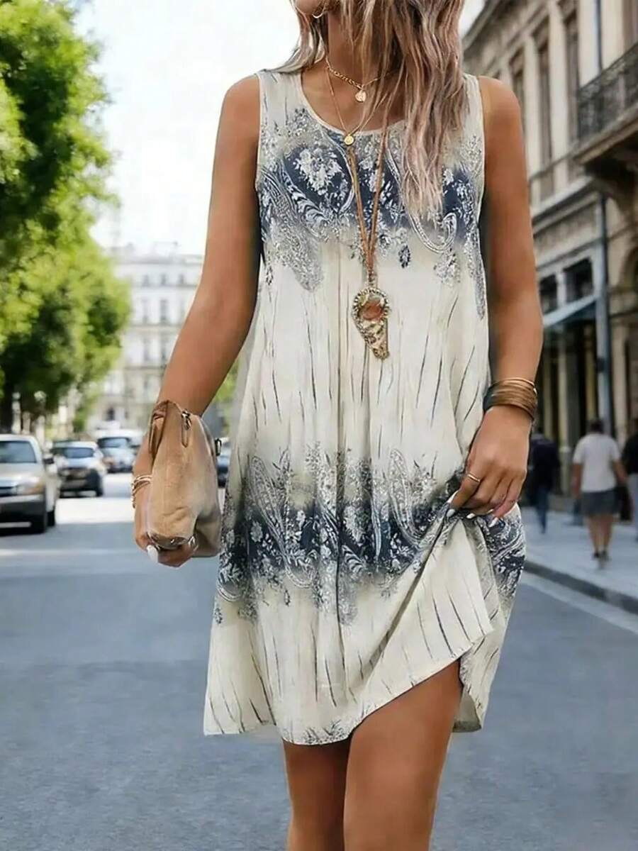 Nuevo Vestido Bohemio sin Mangas para Mujer 2026, Vestido de Verano Holgado con Estampado de Tinta, Estilo Línea A, para Vacaciones - 1 - Ver 1