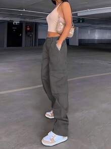 Women's Straight Leg Cargo Pants With Multiple Pockets, High-Waisted, Slim And Loose Jeans - 灰色 - 查看 2