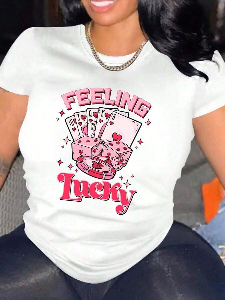 1 Piece Women's Casual Graphic Print T-Shirt, Poker Card, Dice And Chip Print, White With Pink Details, Round Neck, Short Sleeve, Machine Washable, Spring Summer Casual Top, Original Print T-Shirt, Machine Washable, 180g 100% Cotton. - 白色 - 查看 1