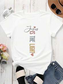 1 "Jesus Is The Light" White Casual Short-Sleeved T-Shirt With Religious Text Graphic Design And Heart, 180g, 100% Cotton. - 黑色 - 查看 8