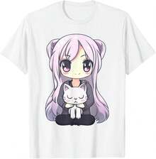Camisetas estampadas de modaAnime and Cats Kawaii Cute Teen Otaku Girl with Cat T-Shirt,Conjuntos familiares a juego, camisetas divertidas para mujer en español, camisetas para niños y niñas, camisetas del Mundial 2026, camisetas de dibujos animados/anime, camisetas con estampado de gatitos. - Blanco - Ver 1
