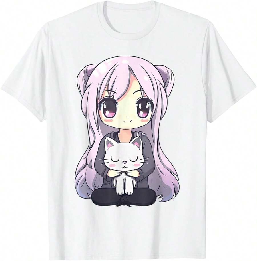 Camisetas estampadas de modaAnime and Cats Kawaii Cute Teen Otaku Girl with Cat T-Shirt,Conjuntos familiares a juego, camisetas divertidas para mujer en español, camisetas para niños y niñas, camisetas del Mundial 2026, camisetas de dibujos animados/anime, camisetas con estampado de gatitos. - Blanco - Ver 1