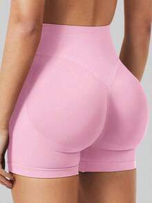 Pantalones cortos de yoga sin costuras de cintura alta para mujer - Levantamiento de glúteos elástico, adecuado para correr, fitness y actividades al aire libre| Apariencia de moda| Tela elástica de verano - Rosa - Ver 6