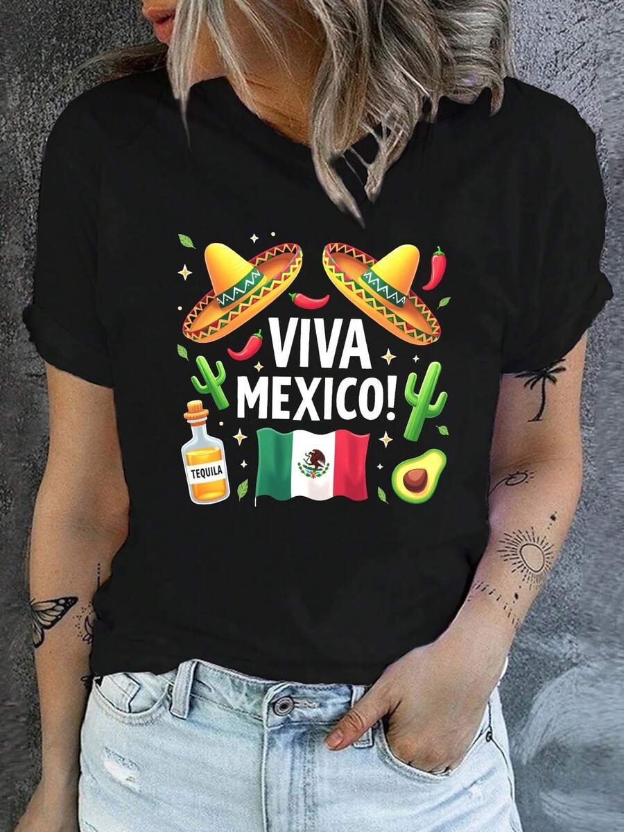 The Women's T-Shirt Is A Casual Short-Sleeved, Round-Neck T-Shirt With A Mexican Live-Streaming Print, Perfect For Spring And Summer, Designed For Women. - 黑色 - 查看 1