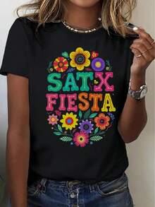 Women's Mexican Style T-Shirt - Features Vibrant Festive Floral And Maraca Prints, Combined With The Words "SALTY Fiesta", Loose Fit, Crew Neck, Short Sleeves, Perfect For Colorful Mexican Party Outfits For Cinco De Mayo, Casual Wear And Themed Events (Machine Washable) - Festive Geometric And Floral Design, Comfortable Fit, Suitable For Casual Wear In All Seasons, Mexican Themed Clothing, Digital Print, Ready-To-Wear Style, Women's Tops. - 黑色 - 查看 1