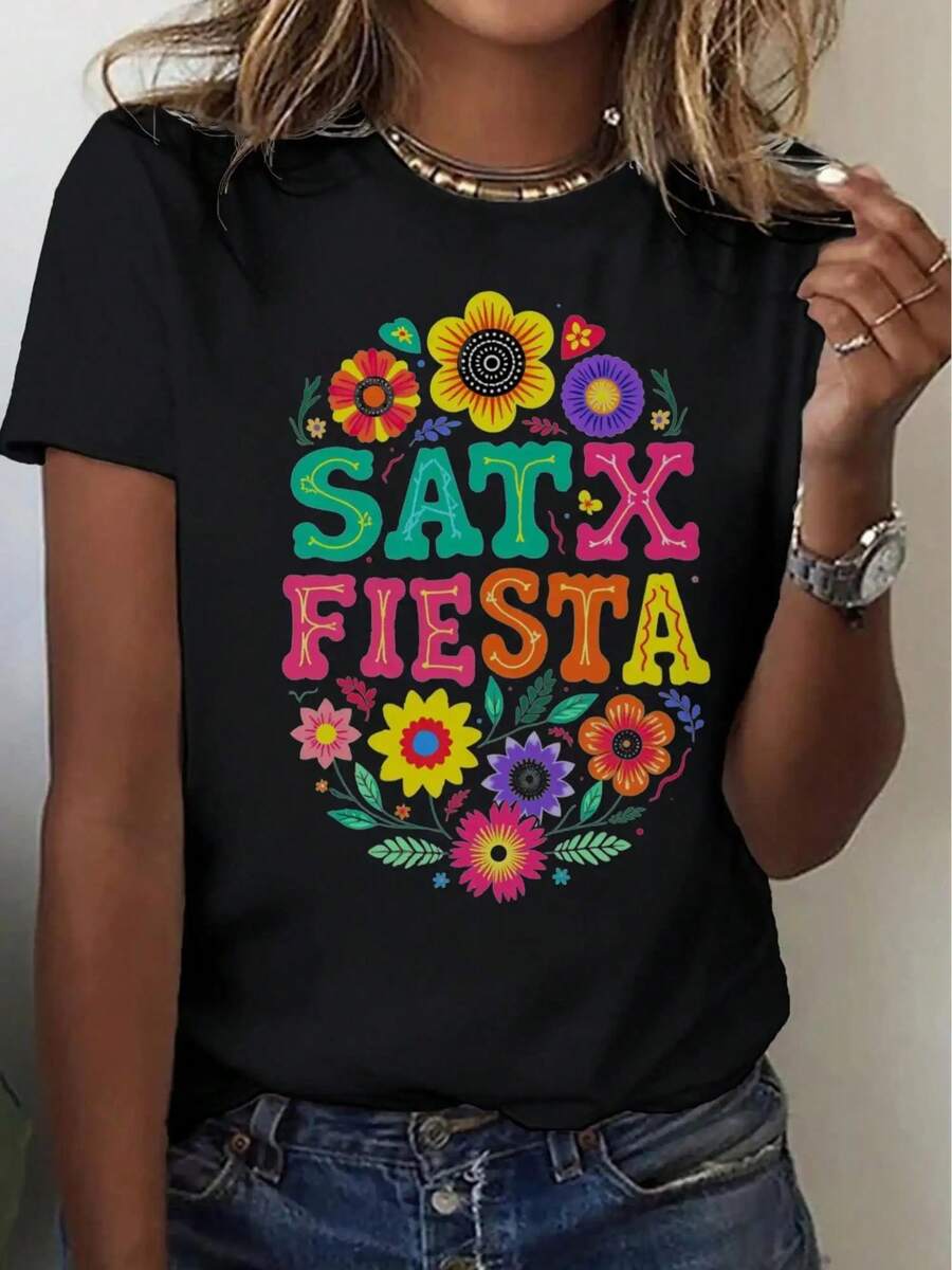 Women's Mexican Style T-Shirt - Features Vibrant Festive Floral And Maraca Prints, Combined With The Words "SALTY Fiesta", Loose Fit, Crew Neck, Short Sleeves, Perfect For Colorful Mexican Party Outfits For Cinco De Mayo, Casual Wear And Themed Events (Machine Washable) - Festive Geometric And Floral Design, Comfortable Fit, Suitable For Casual Wear In All Seasons, Mexican Themed Clothing, Digital Print, Ready-To-Wear Style, Women's Tops. - 黑色 - 查看 1
