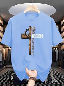 1 Neutral Christian Design T-Shirt - Cross And Crown Design With The Phrase "He Has Risen", With The Biblical Quote Matthew 28:6, Regular Fit, Round Neck, Adult Summer Casual Wear, Machine Washable, Comfortable For Daily Use, Opaque Material. - Black - View 8