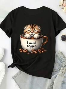 Camiseta de Manga Corta con Estampado, Talla, Cuello Redondo, Cómoda, Holgada y Ligeramente Elástica para Mujer - Negro - Ver 6