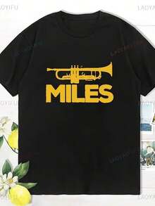 Miles S's New Trumpet Graphic T-Shirt, Summer Fashion T-Shirt, Short Sleeve Aodón Drtidas T-Shirts, Haruku Streetwear - 黑色 - 查看 8