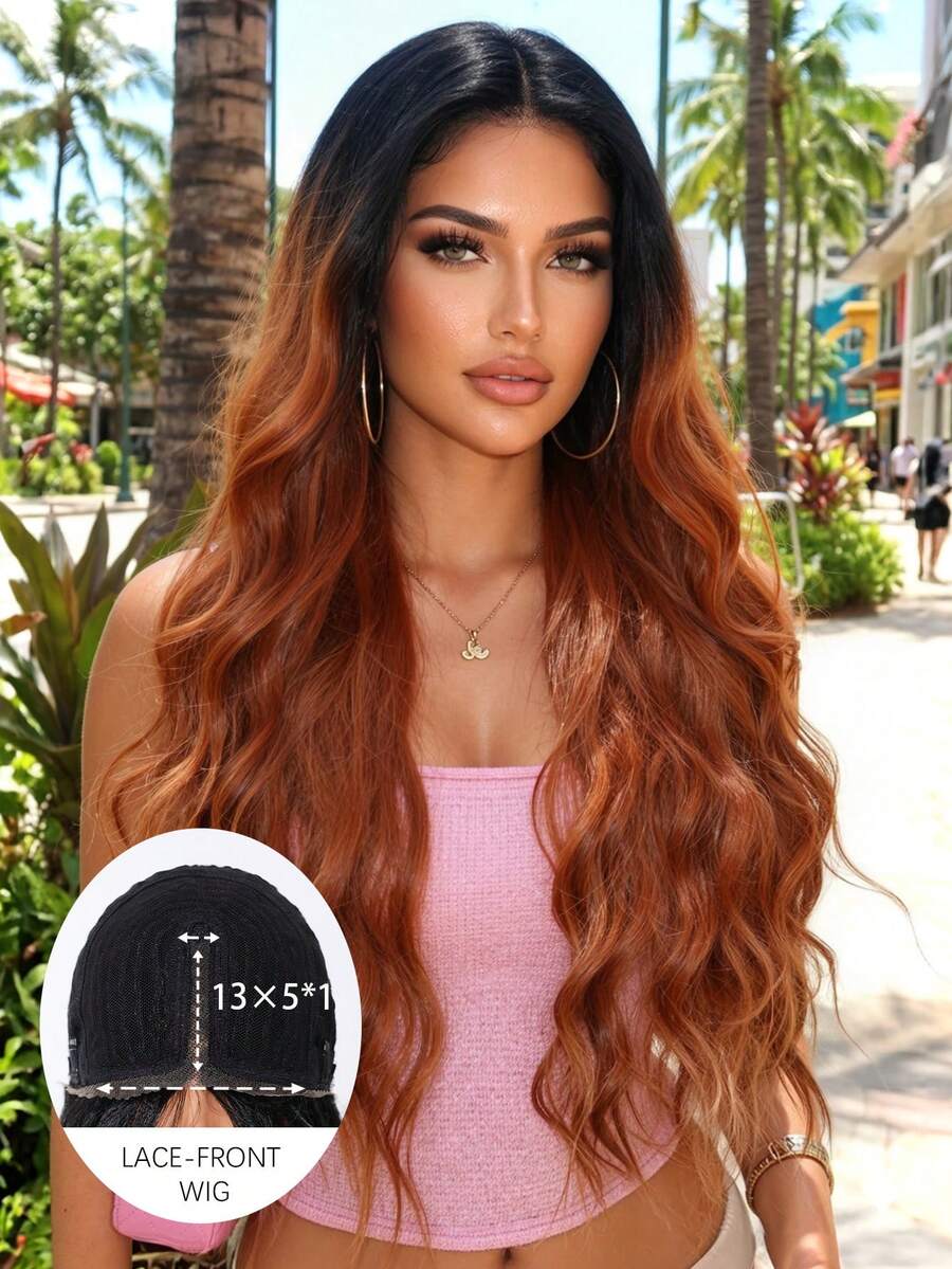 26 Inch Black And Burnt Orange 13*5*1T Lace Front Wig, Middle Part Long Wavy Curly Lace Wig, Heat Resistant Synthetic Lace Wig, Suitable For Daily Wear, Halloween, Y2K, Cosplay And Music Festivals, Ideal For Beginners, Holiday Gift For Girls - Burnt Orange - View 1