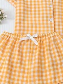 piezas de pijama con pantalón corto, de manga corta y estampado a cuadros para mujeres, ropa de estar por casa de verano - Naranja - Ver 6