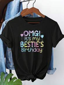 1 pieza de tarjeta de felicitación de cumpleaños con fuente arcoíris para un mejor amigo, ¡OMG! Es el cumpleaños de mi mejor amiga, camiseta de mujer de talla grande con estampado de globo en forma de corazón, cuello redondo, estilo casual, para primavera y verano, atuendo creativo, cómodo para uso diario, 180g de algodón 100%. - Negro - Ver 1